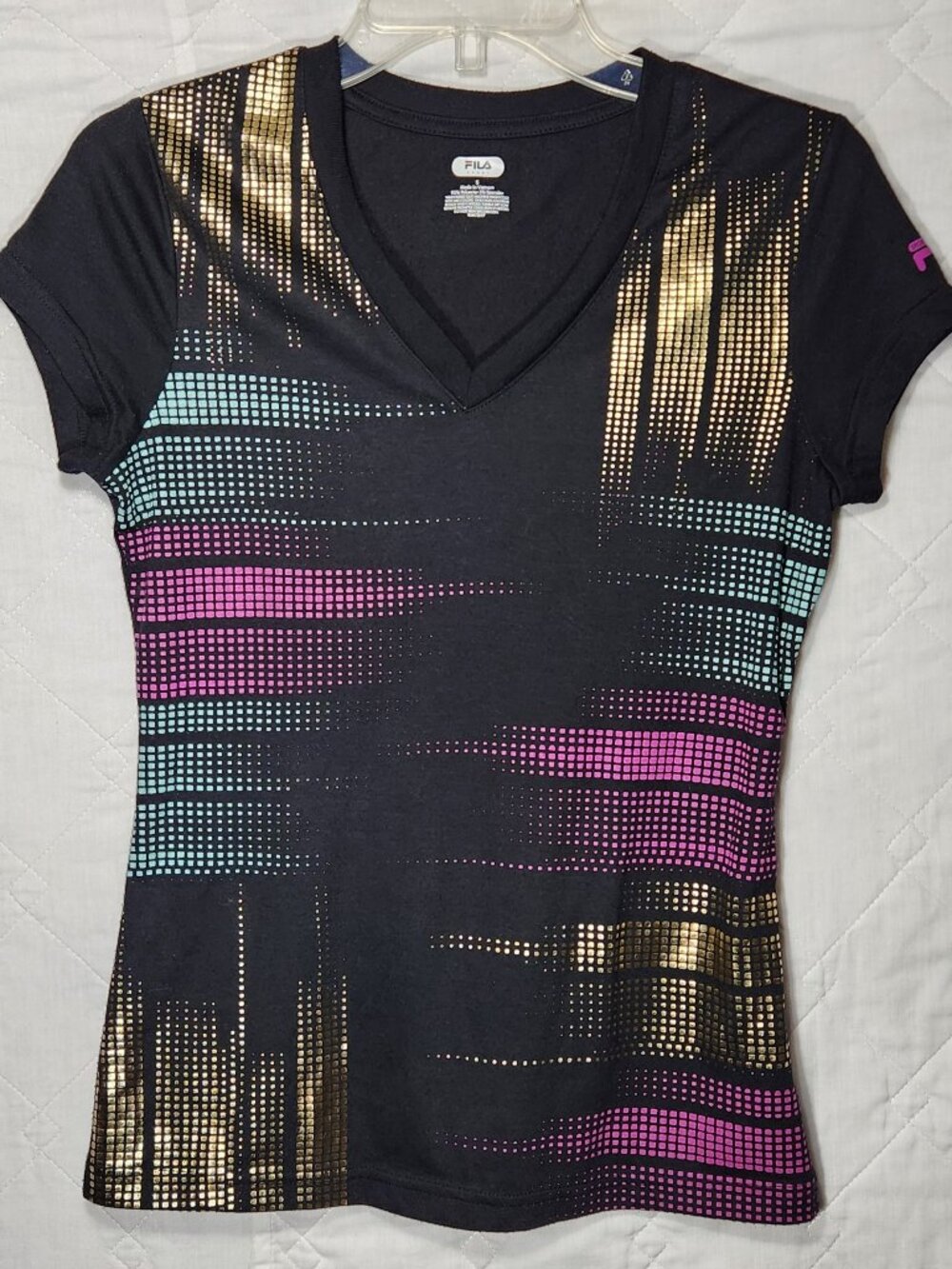 Fila Sport Short Sleeve V Neck Shirt Women's Size Small Black Metallic Geometric